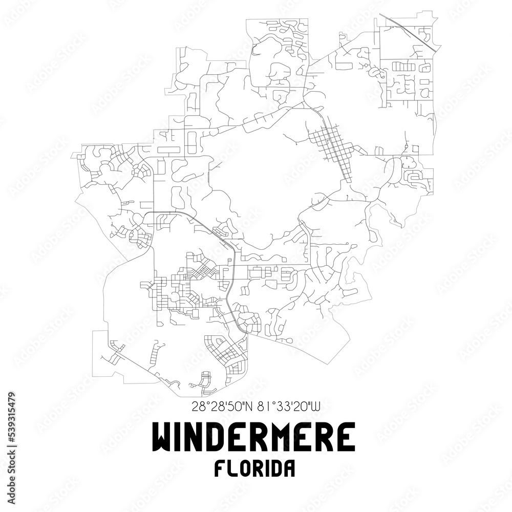 Windermere Florida. US street map with black and white lines.