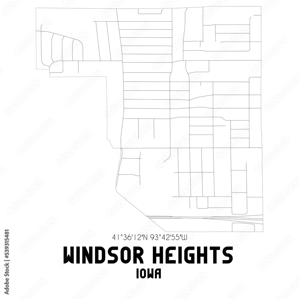 Windsor Heights Iowa. US street map with black and white lines.
