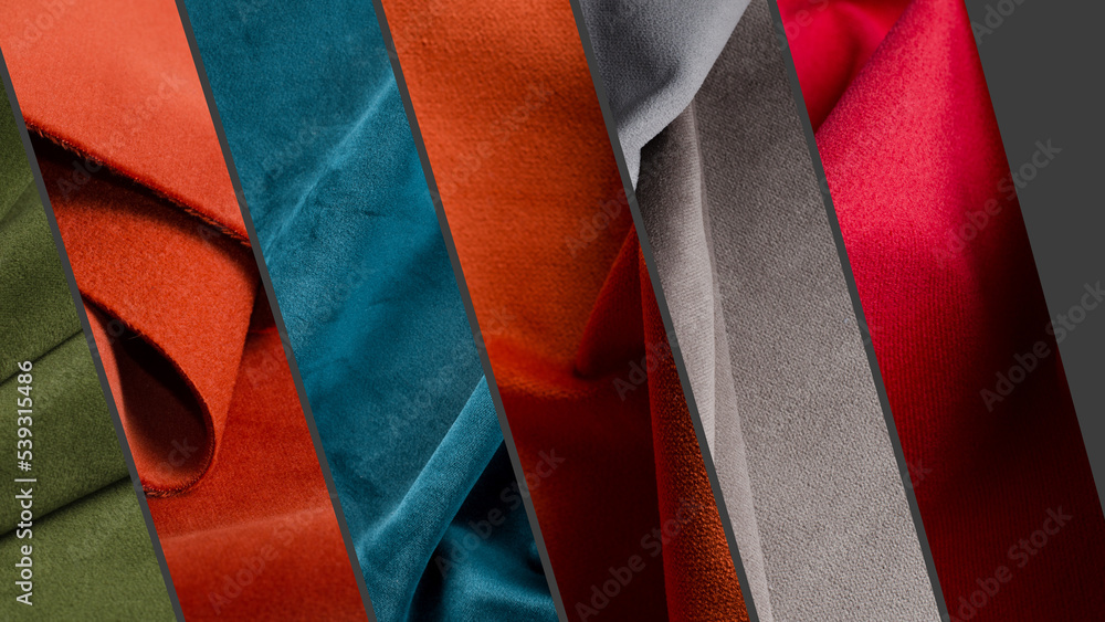 Velour textile samples banner. Collage of Trendy Colors pallette of Velour Fabric.