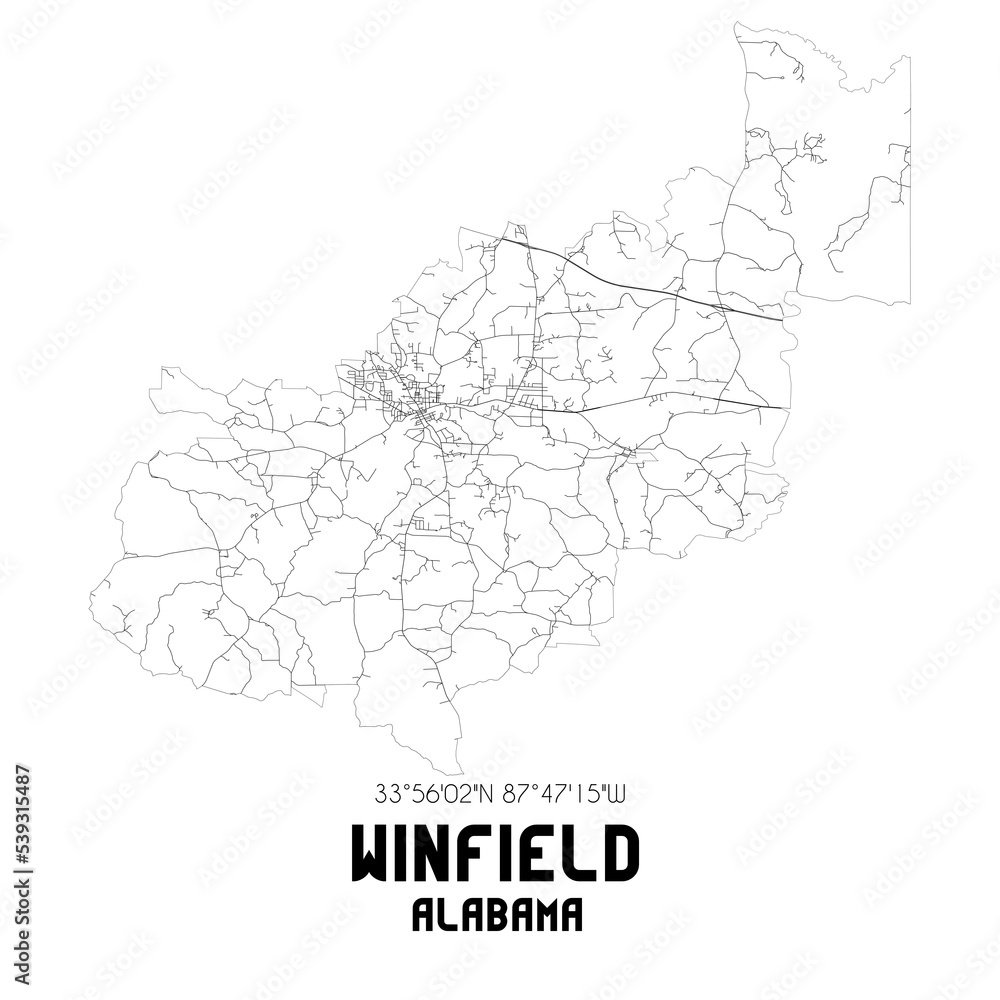 Winfield Alabama. US street map with black and white lines.
