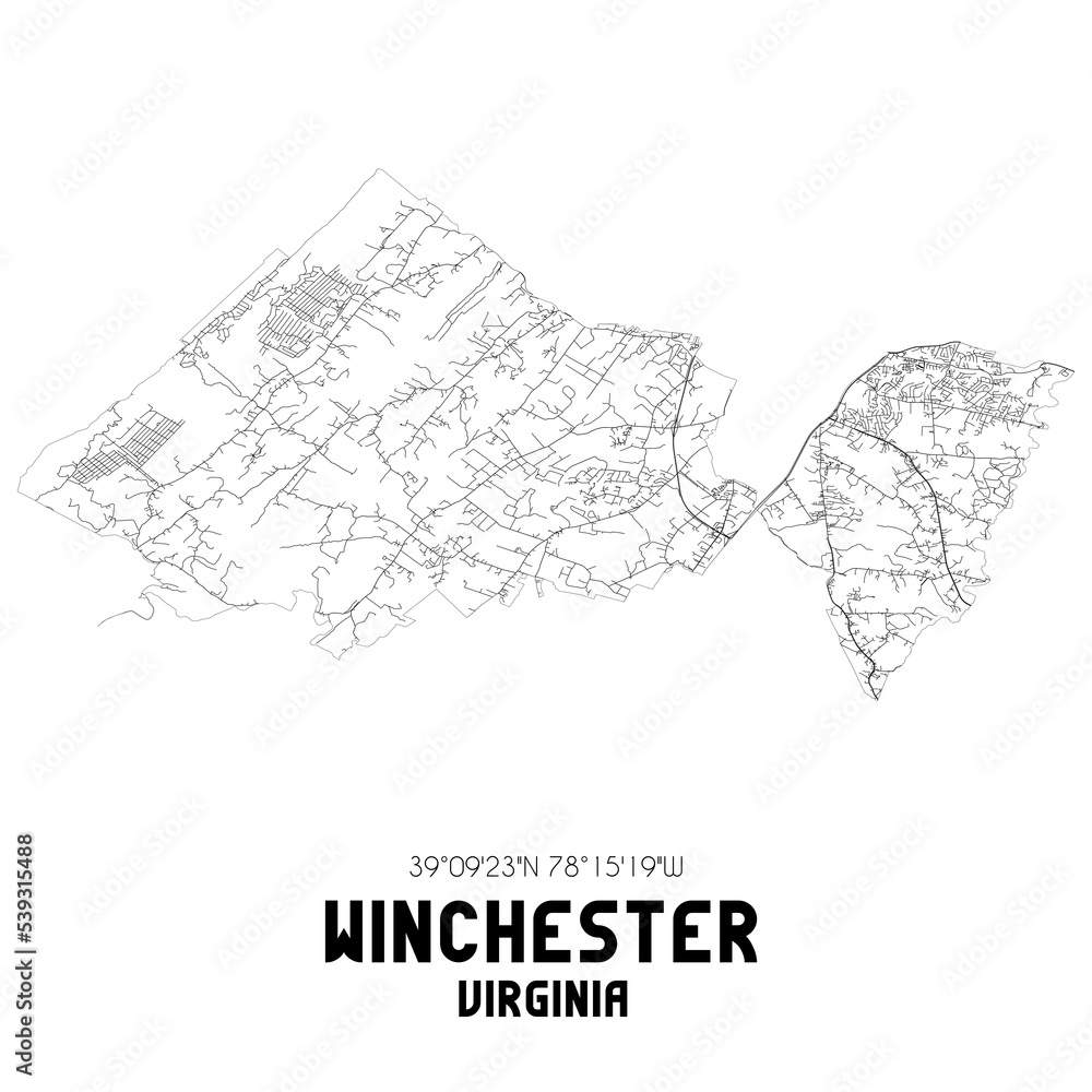 Winchester Virginia. US street map with black and white lines. Stock