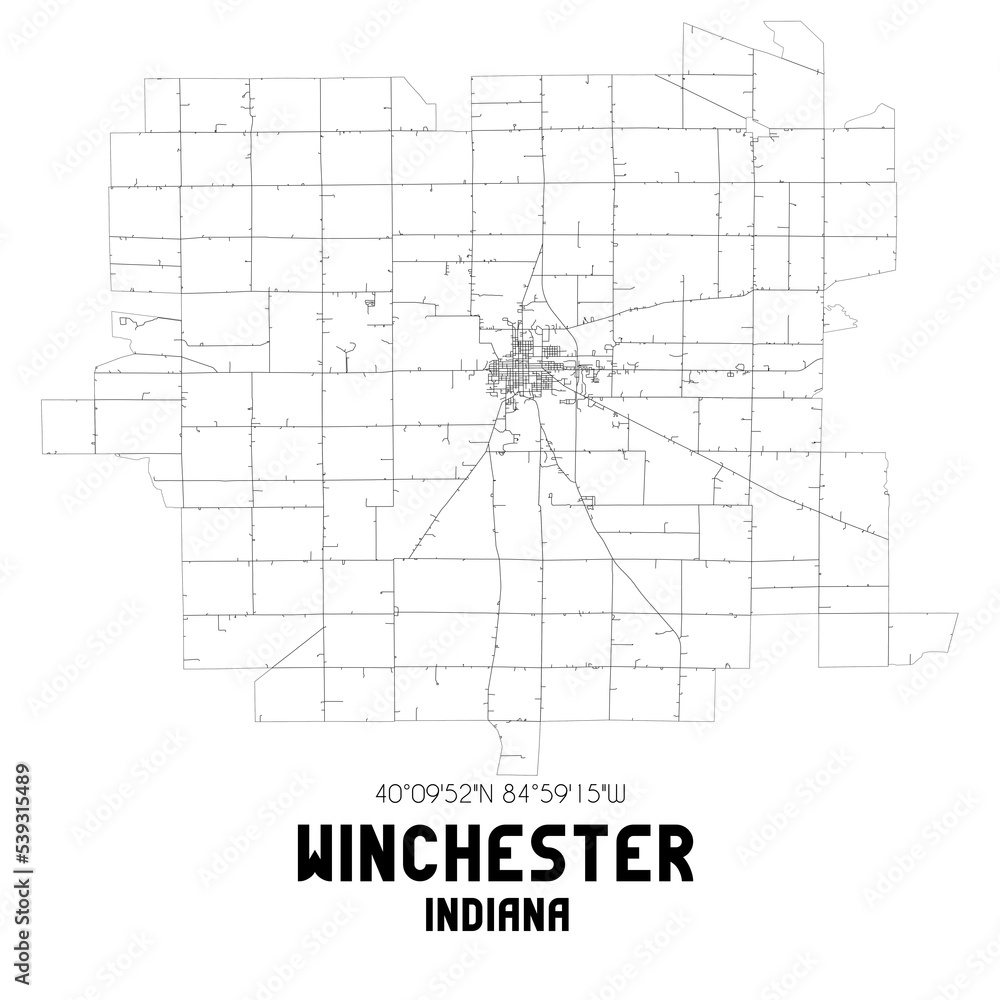 Winchester Indiana. US street map with black and white lines.