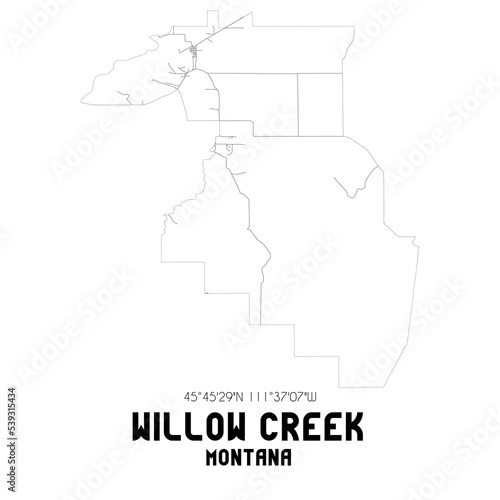 Willow Creek Montana. US street map with black and white lines.
