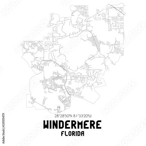Windermere Florida. US street map with black and white lines.
