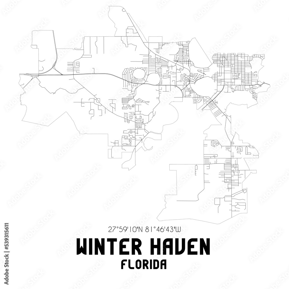 Winter Haven Florida. US street map with black and white lines.