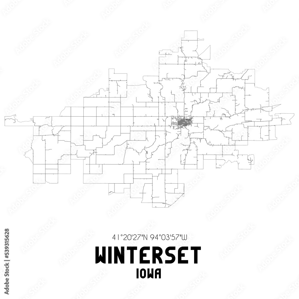 Winterset Iowa. US street map with black and white lines.