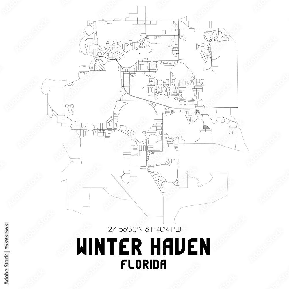 Winter Haven Florida. US street map with black and white lines.
