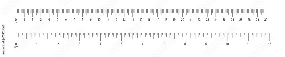 Horizontal scale with 12 inch and 30 centimeter markup and numbers. Measuring charts of metric and imperial unit. Distance, height or length measurement tool templates. Vector graphic illustration Horizontal scale with 12 inch and 30 centimeter markup and numbers. Measuring charts of metric and imperial unit. Distance, height or length measurement tool templates. Vector graphic illustration