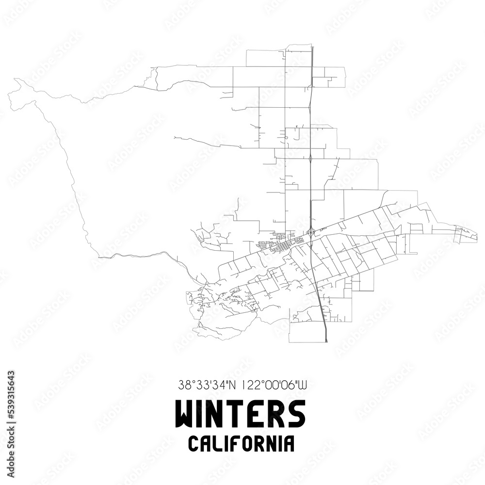 Winters California. US street map with black and white lines.