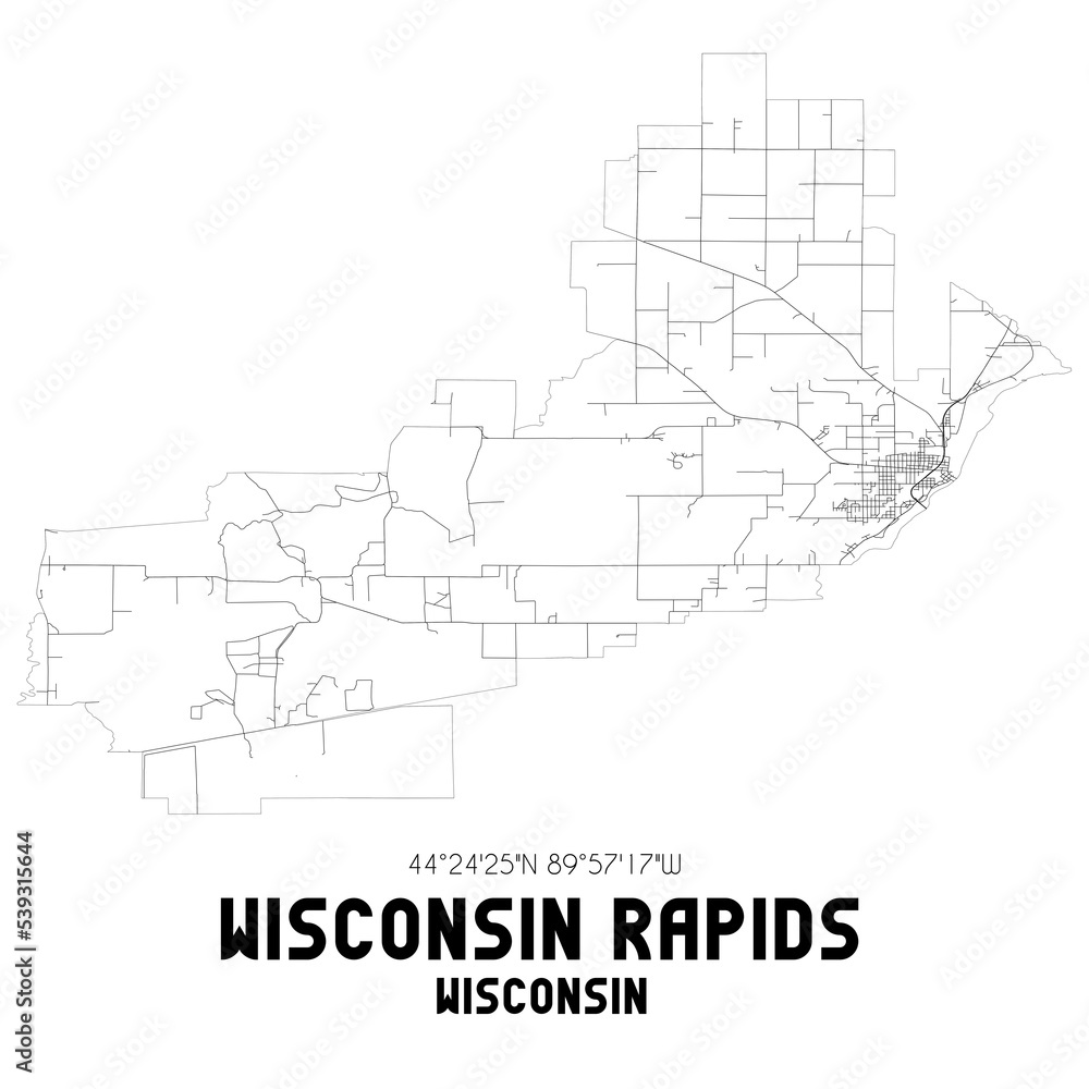 Wisconsin Rapids Wisconsin. US street map with black and white lines.