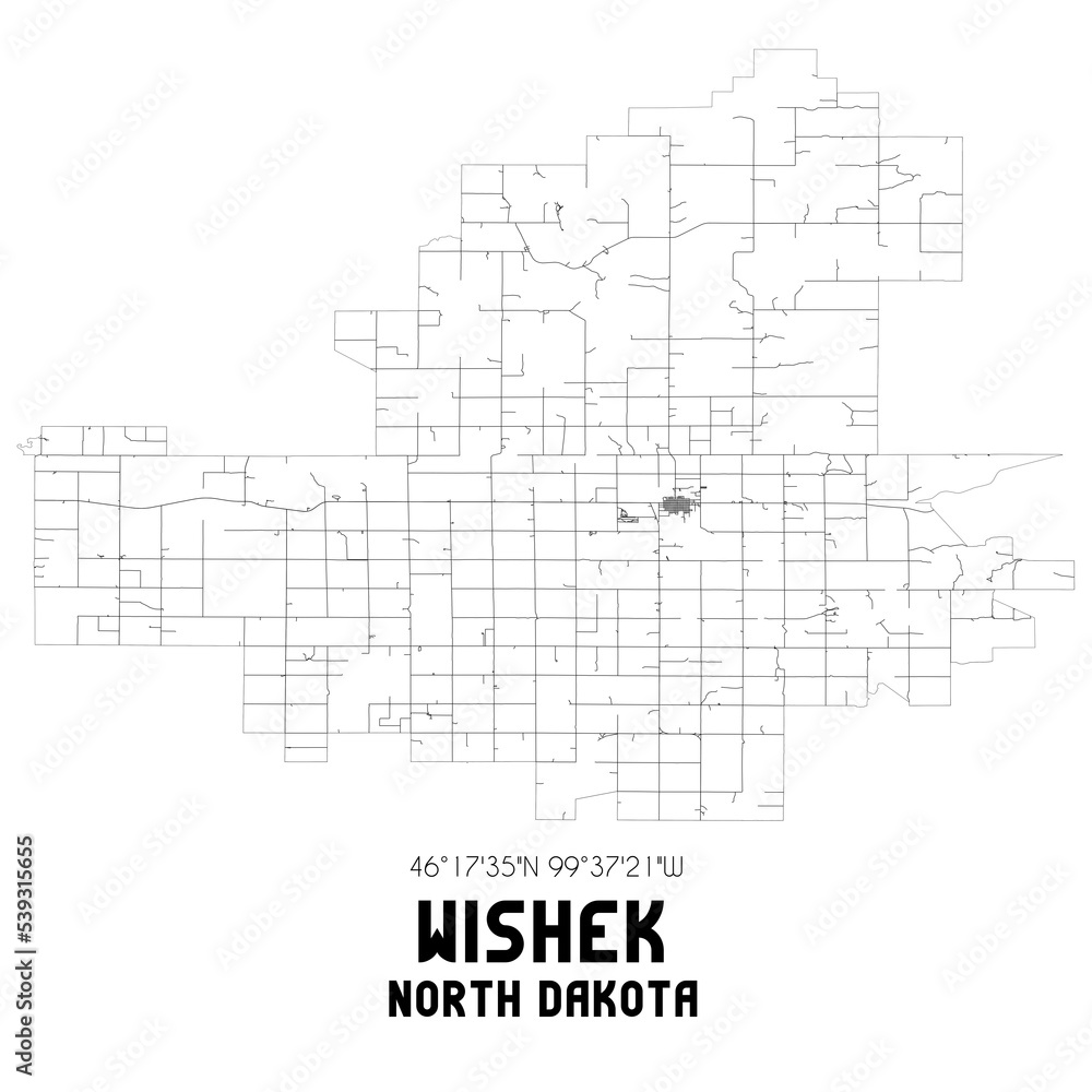 Wishek North Dakota. US street map with black and white lines.
