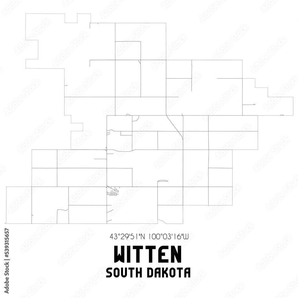Witten South Dakota. US street map with black and white lines.