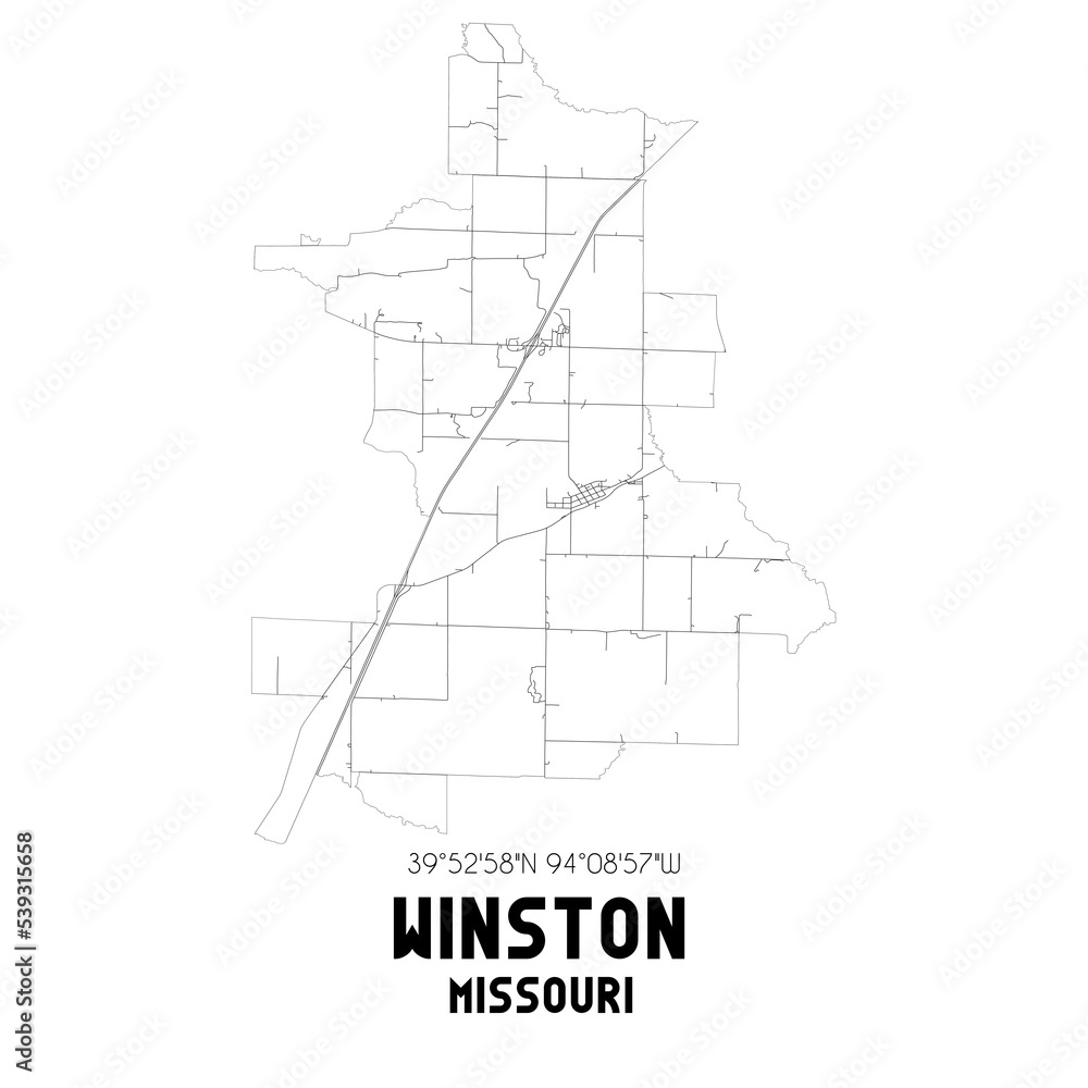 Winston Missouri. US street map with black and white lines.