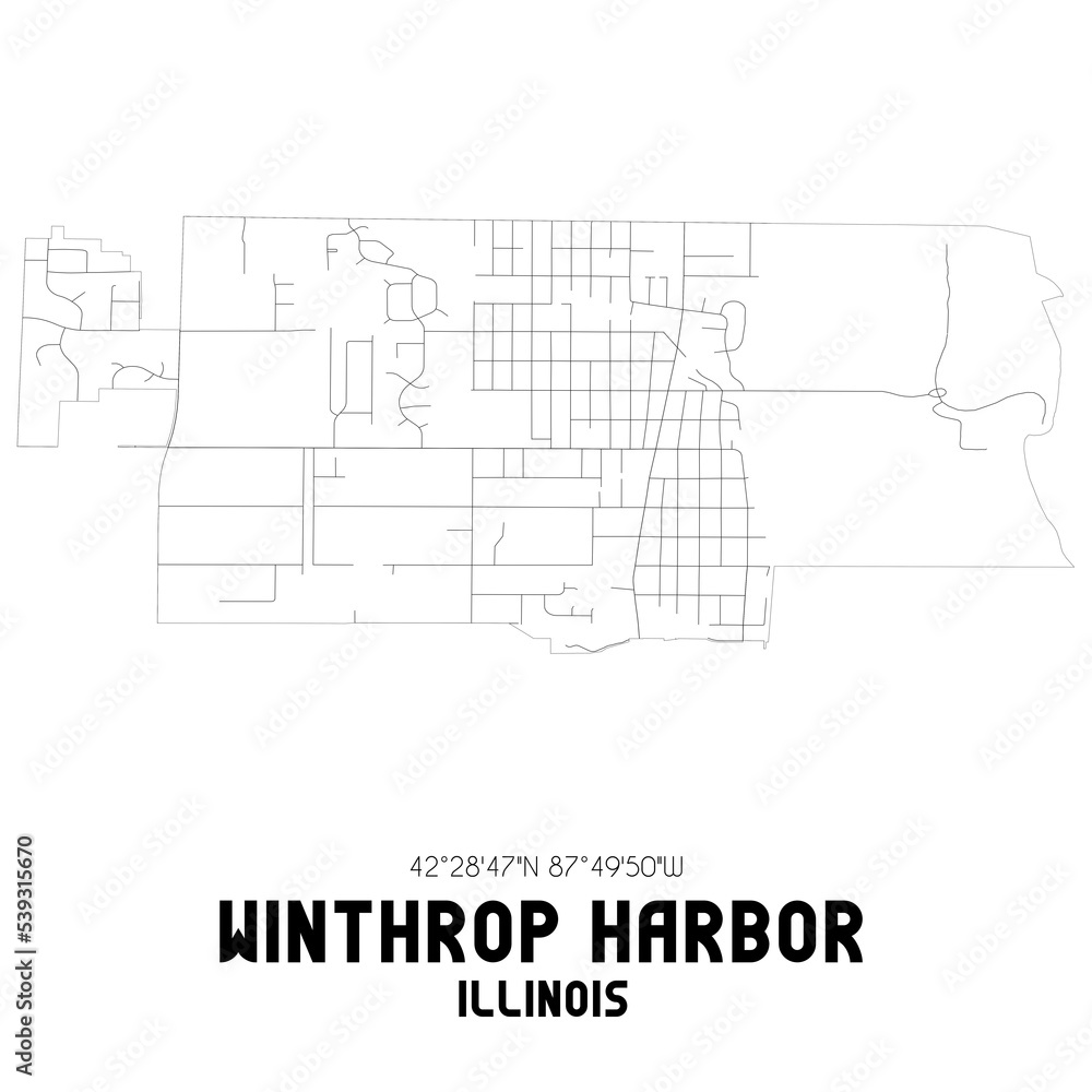 Winthrop Harbor Illinois. US street map with black and white lines.