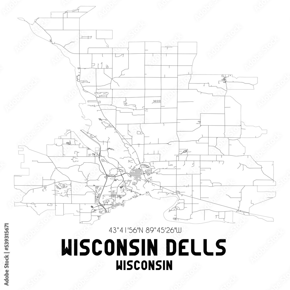 Wisconsin Dells Wisconsin. US street map with black and white lines.