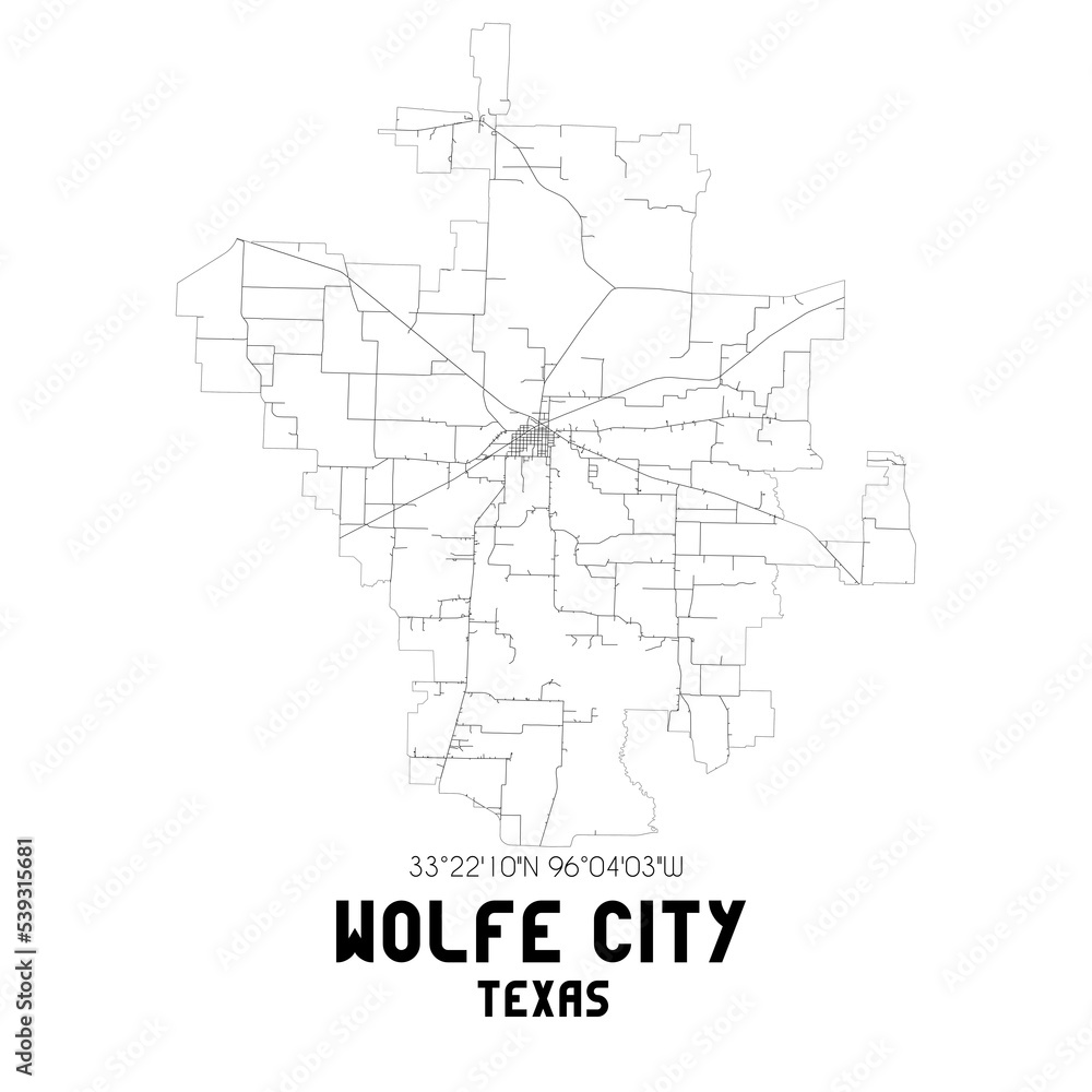 Wolfe City Texas. US street map with black and white lines.