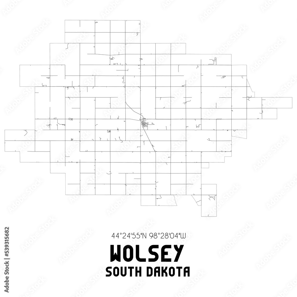 Wolsey South Dakota. US street map with black and white lines.