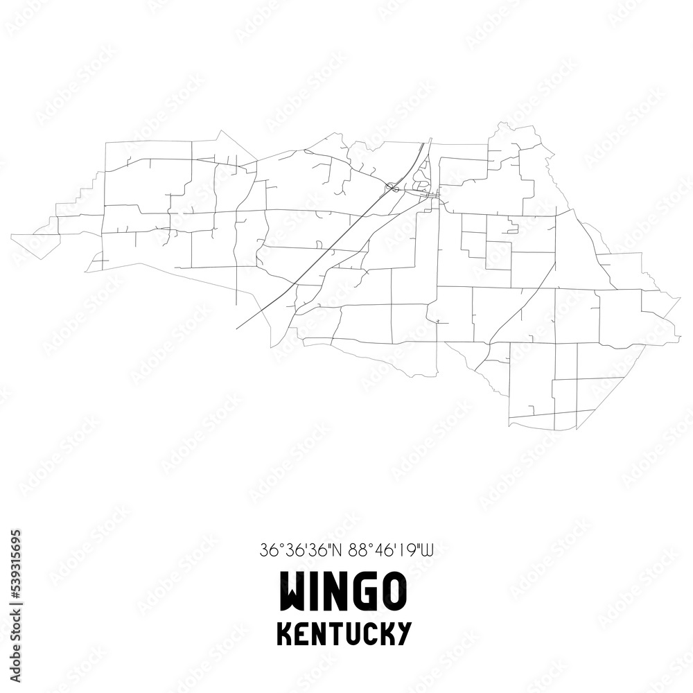 Wingo Kentucky. US street map with black and white lines.