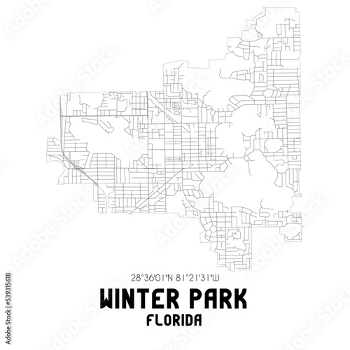 Winter Park Florida. US street map with black and white lines.
