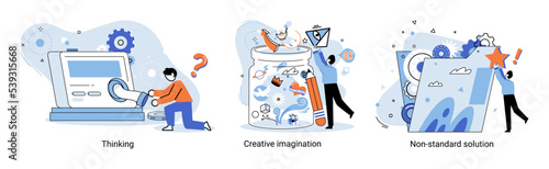 Creative thinking. People with different mental mindset types or model creative. Imaginative logical and structural thinking. MBTI person metaphor. Non standart solution. Brain think people solve idea