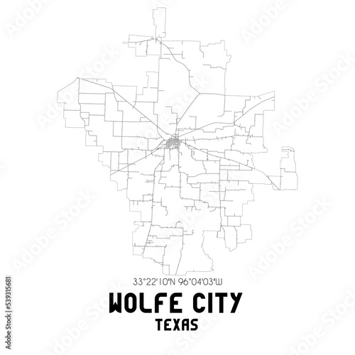 Wolfe City Texas. US street map with black and white lines.
