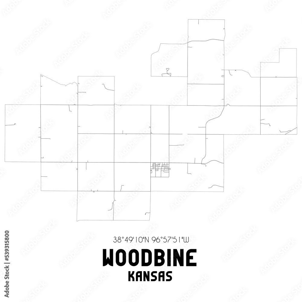 Woodbine Kansas. US street map with black and white lines.