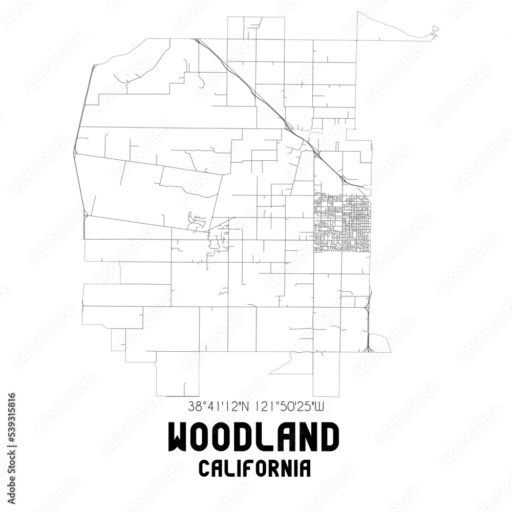 Woodland California. US street map with black and white lines.