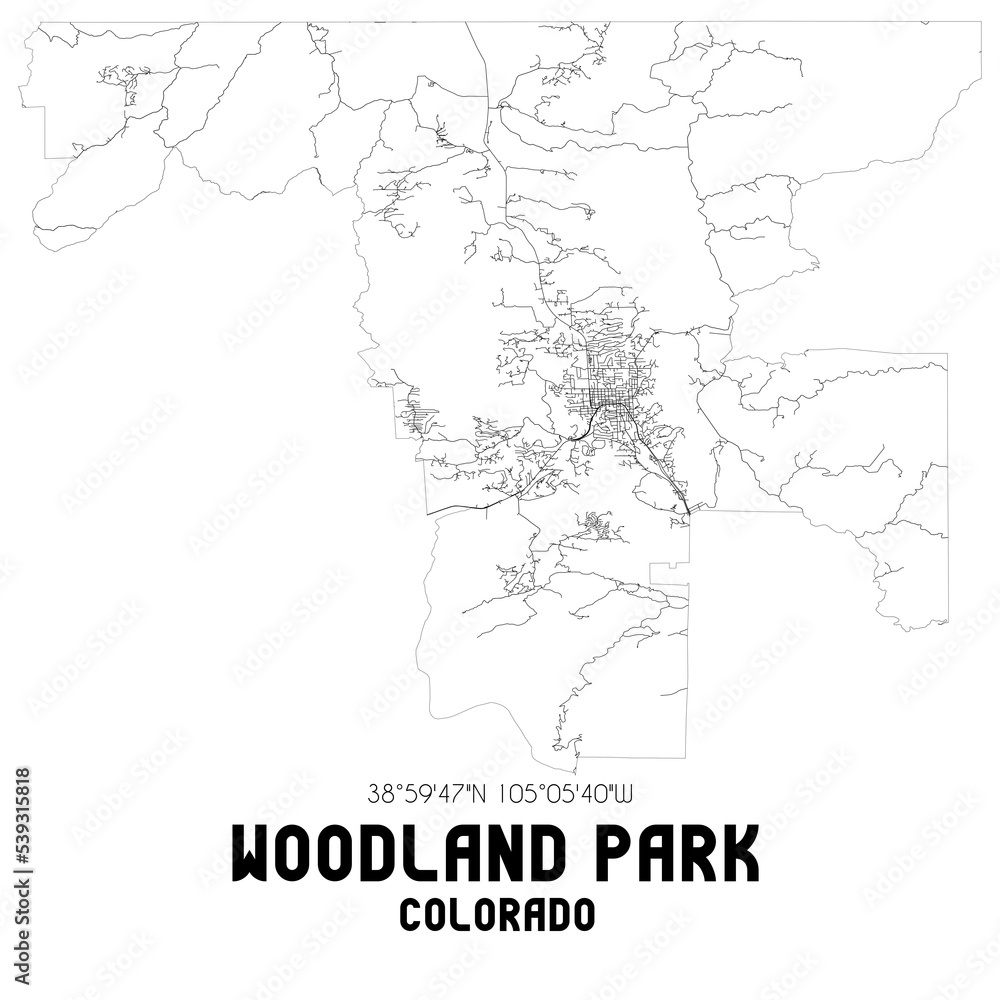 Woodland Park Colorado. US street map with black and white lines.
