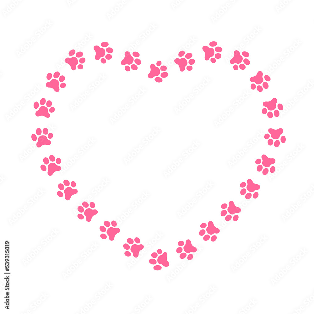 Heart shaped frame with cat or dog paw footprints. Cute template for greeting or invitation card, pet photo or picture, web banner isolated on white background. Vector flat illustration