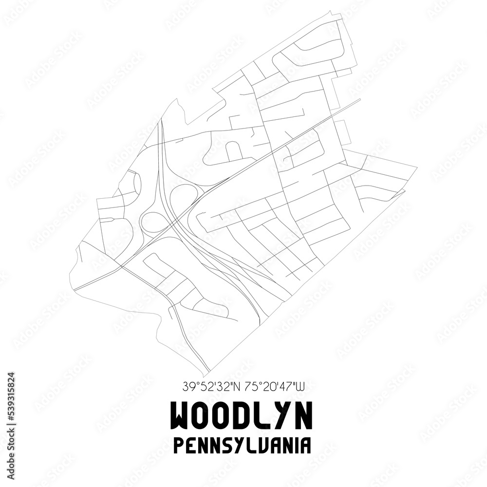 Woodlyn Pennsylvania. US street map with black and white lines.