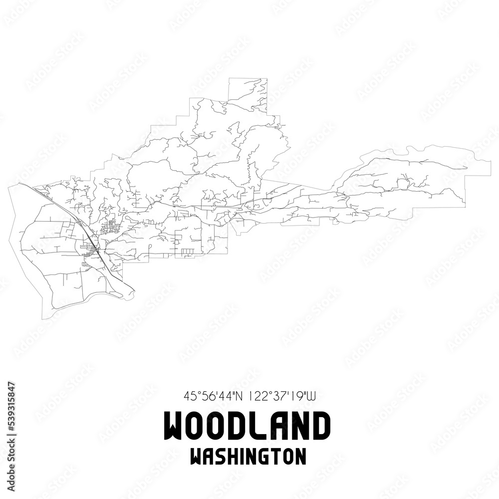 Woodland Washington. US street map with black and white lines. Stock