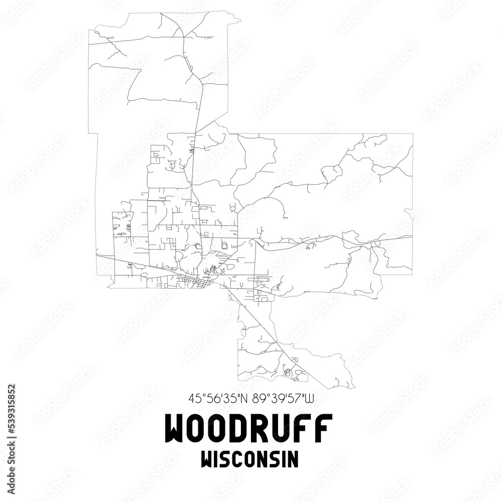 Woodruff Wisconsin. US street map with black and white lines.
