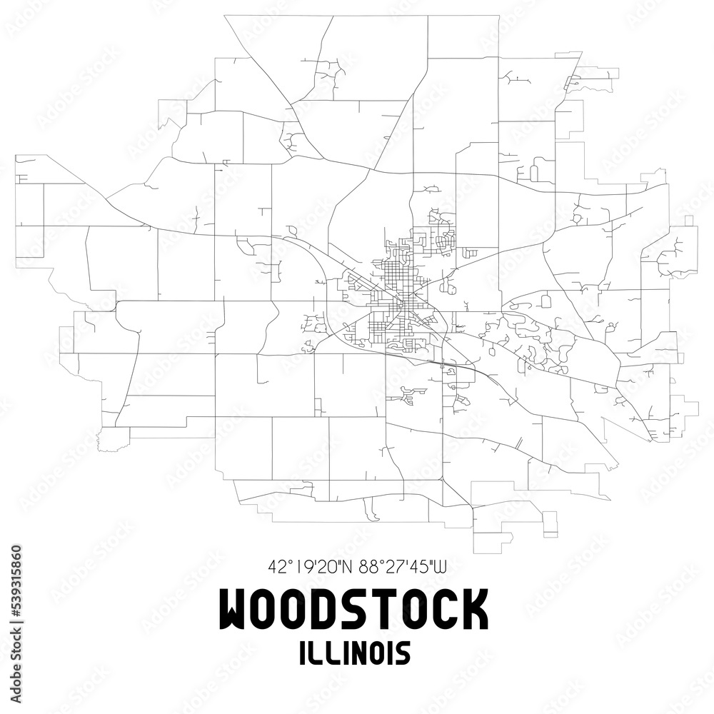 Woodstock Illinois. US street map with black and white lines.