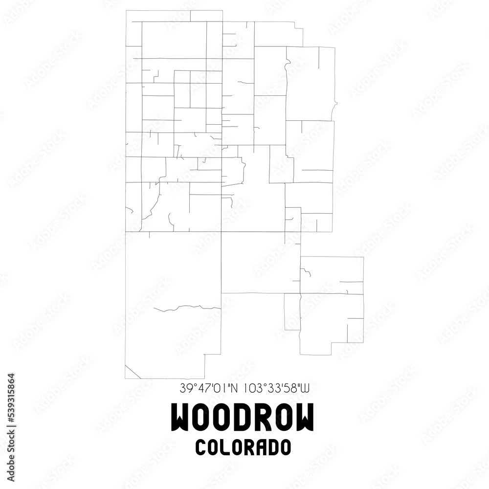 Woodrow Colorado. US street map with black and white lines.