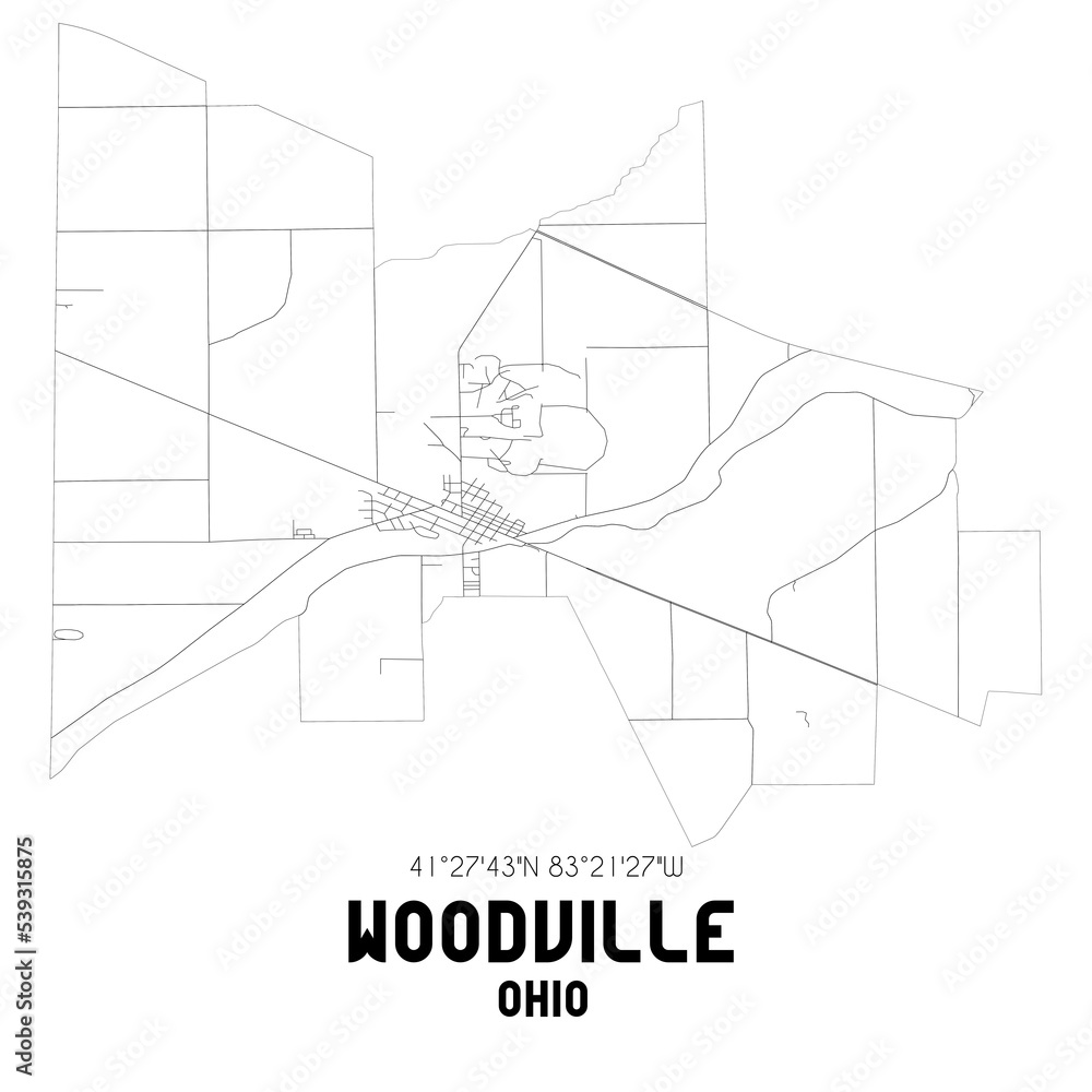 Woodville Ohio. US street map with black and white lines.