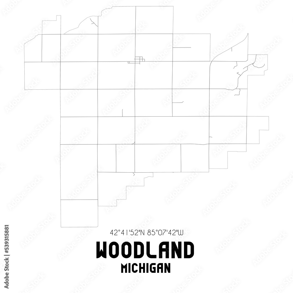 Woodland Michigan. US street map with black and white lines.