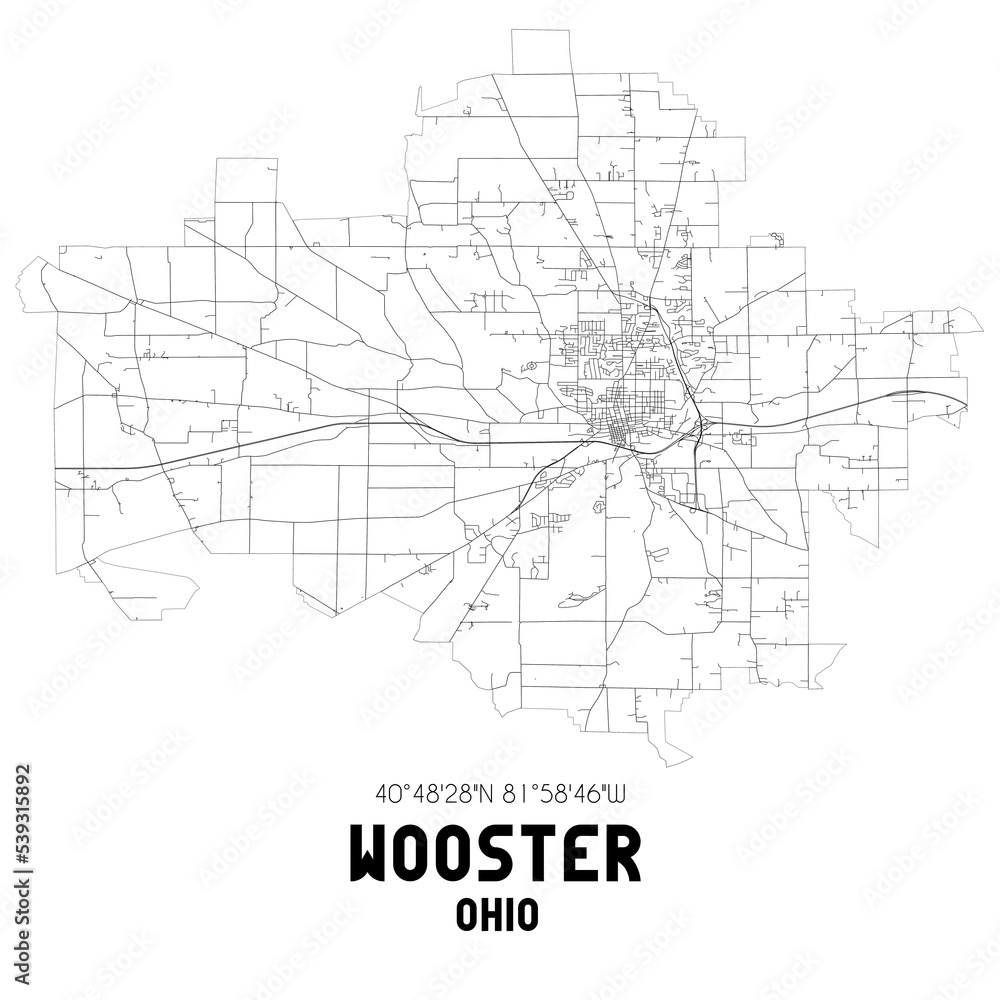 Wooster Ohio. US street map with black and white lines.