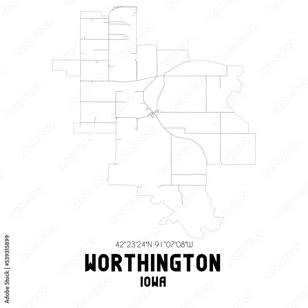 Worthington Iowa. US street map with black and white lines. Worthington Iowa. US street map with black and white lines.