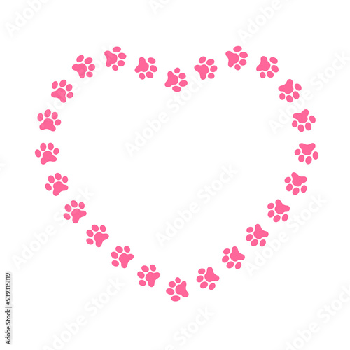 Heart shaped frame with cat or dog paw footprints. Cute template for greeting or invitation card, pet photo or picture, web banner isolated on white background. Vector flat illustration