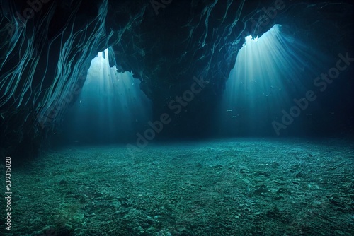 Fotografering Dark underwater cave with sunlight beams