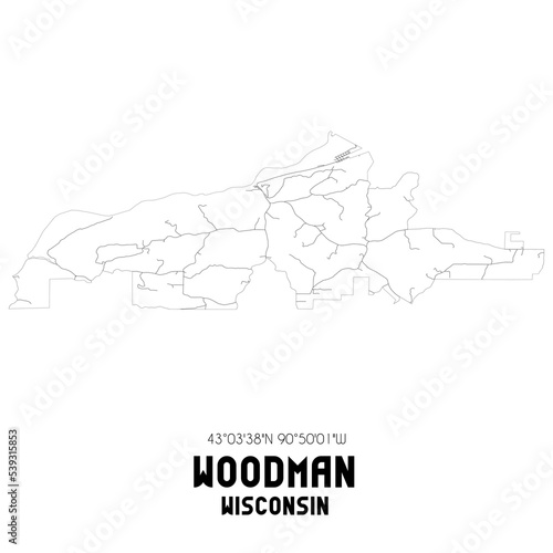 Woodman Wisconsin. US street map with black and white lines.