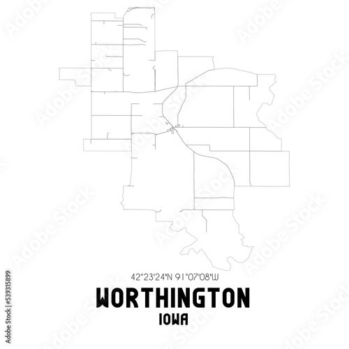 Worthington Iowa. US street map with black and white lines.