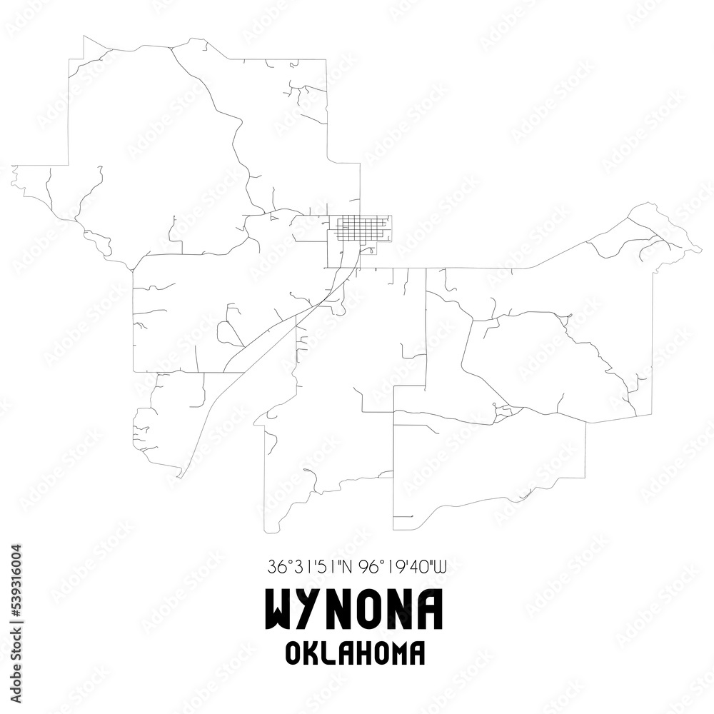 Wynona Oklahoma. US street map with black and white lines.