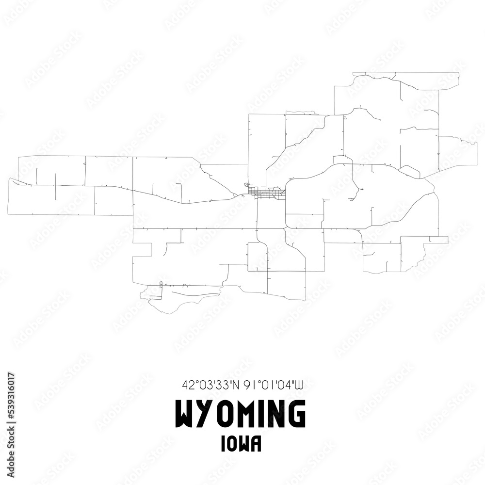 Wyoming Iowa. US street map with black and white lines.