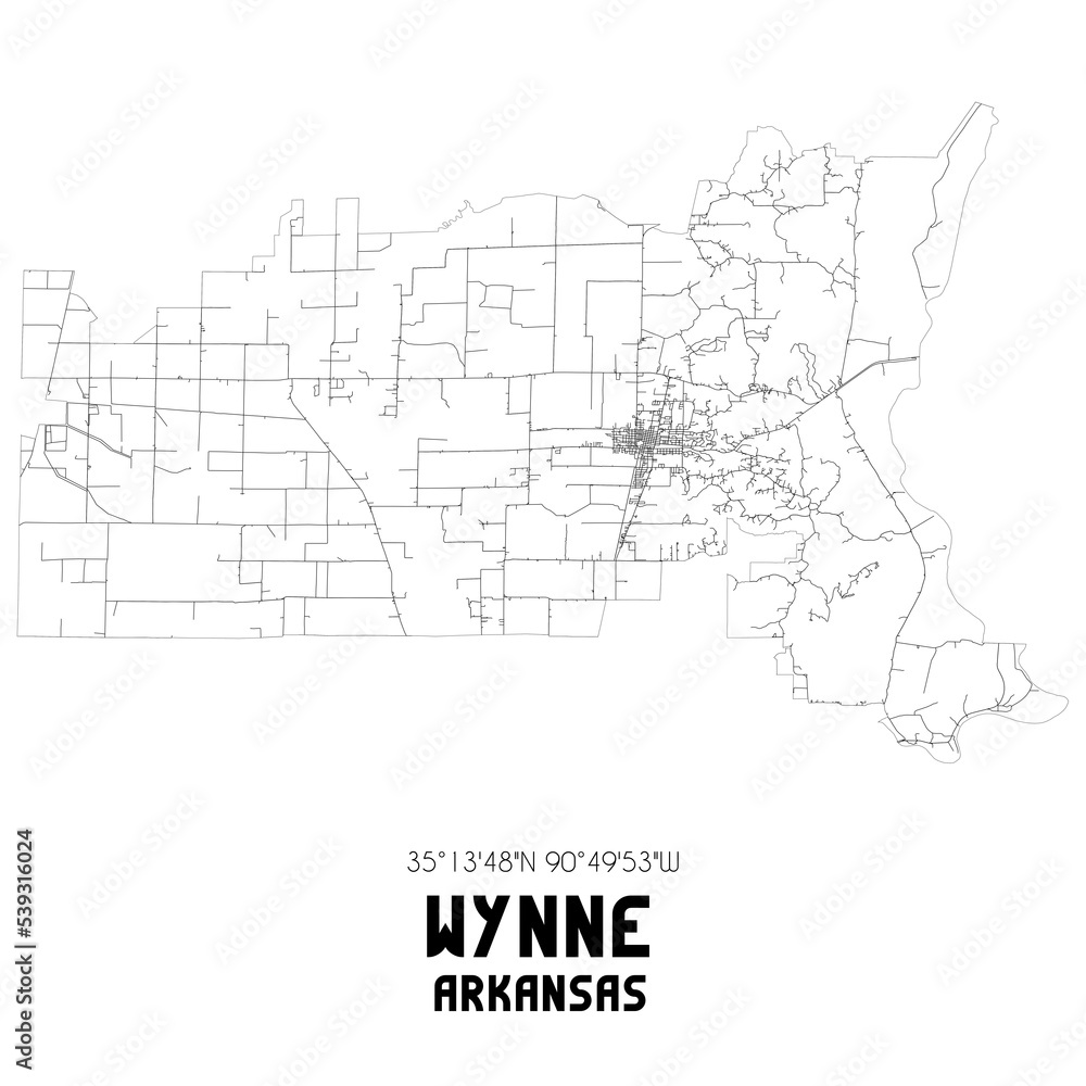 Wynne Arkansas. US street map with black and white lines.