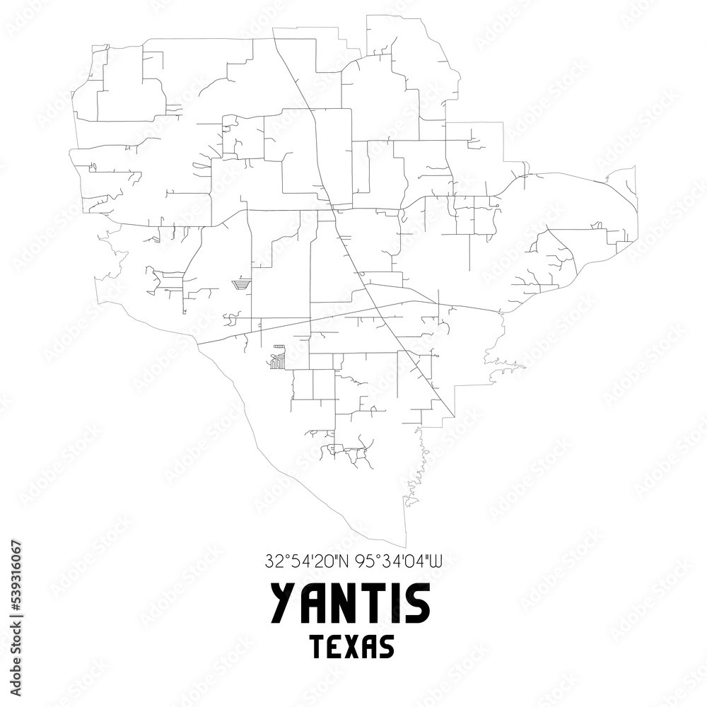 Yantis Texas. US street map with black and white lines.