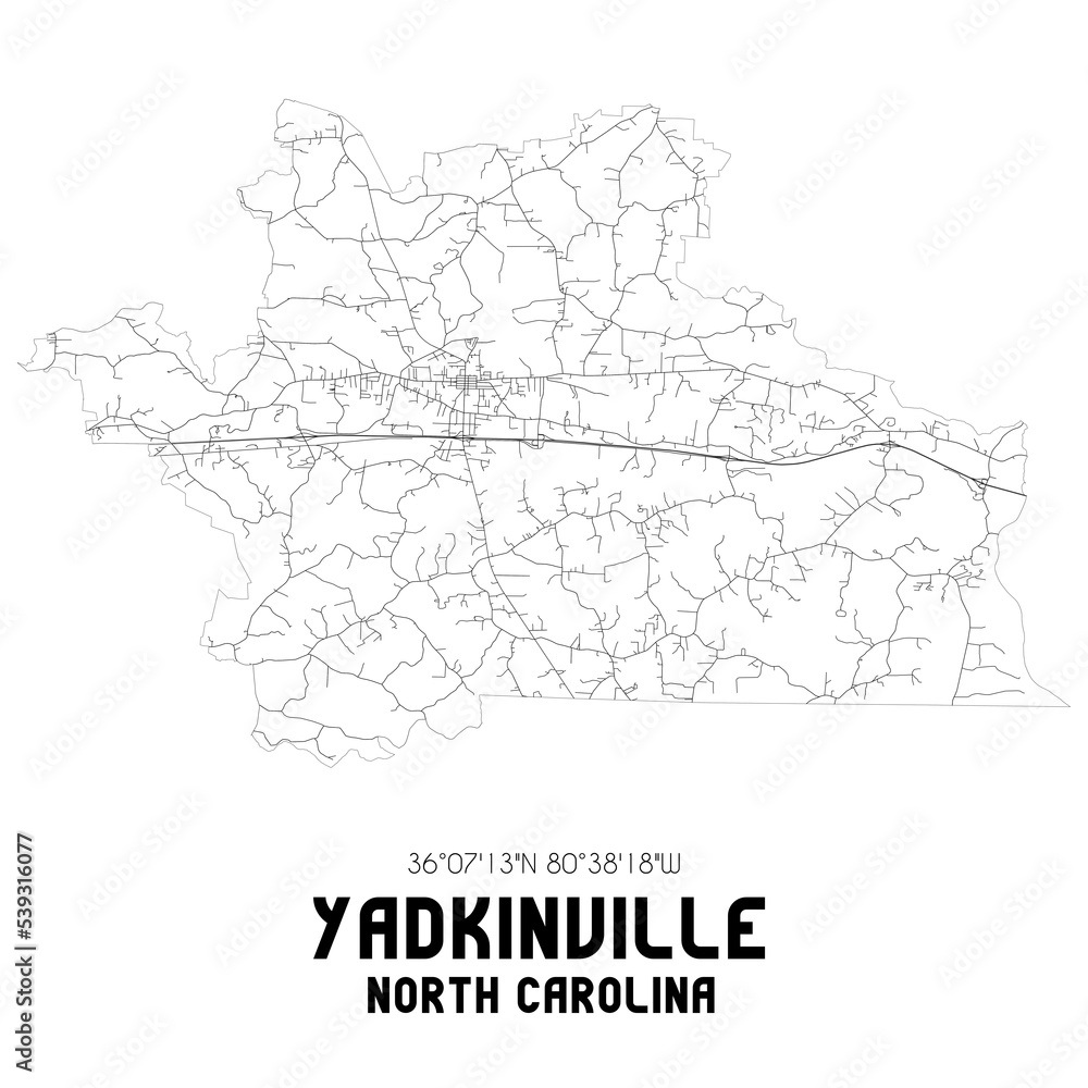 Yadkinville North Carolina. US street map with black and white lines.