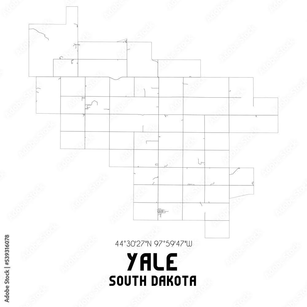 Yale South Dakota. US street map with black and white lines.