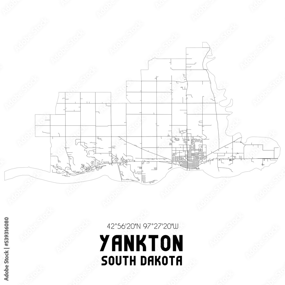 Yankton South Dakota. US street map with black and white lines.