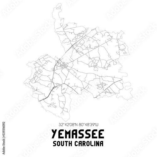 Yemassee South Carolina. US street map with black and white lines.